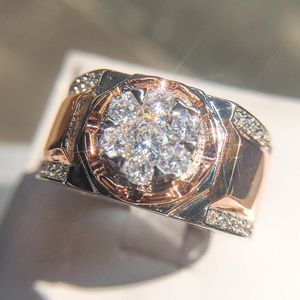 Wedding Rings Male Fashion White Zircon Flower Stone For Men Gold/Rose Gold Double Color Engagement Ring Luxury Jewelry