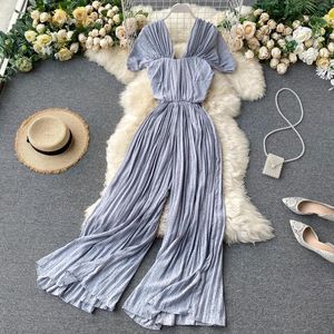 여성용 Jumpsuits Rompers Singrain 여성 Pleated 폴카 도트 긴 바지 Chic Streetwear 느슨한 바지 여름 쉬폰 넓은 다리 바지