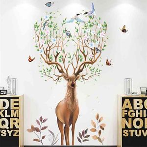 Creative Nordic Animal Large Deer Antlers Bird Branches Wall Sticker Self Adhesive PVC Removable Living Room Bedroom Decoration 210914