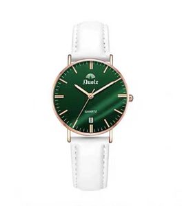 Watch, ladies, simple, quartz movement, round, leather belt, alloy case, luminous, mineral glass, stylish, elegant, compact, green dial