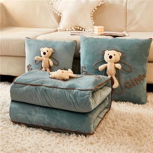 Blankets Velvet Fabric Thick Blanket Throw And Cushion Pillow Double Use Winter Coral Pile Bear For Living Room Sofa Car