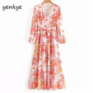 Mulheres Cópia Floral Longa Maxi Dress Senhora Lace Trim V Neck Sleeve Sashes A linha Vestidos Elegantes Vestido Longo DJF9053 210514