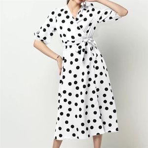 Moda verão vestido feminino boho polka dot impressão maxi v-pescoço camisa sexy meia manga branco longo es vestes 210517
