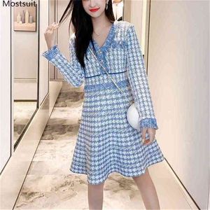 Outono inverno coreano elegante vintage houndstooth vestido de malha mulheres manga comprida v-pescoço fino no comprimento de uma linha vestidos de festa 210513