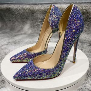 Classic Bling Pointed Toe 12cm 10cm 8cm High Heel Shoe Women Purple Glitter Stiletto Wedding Party Dating Shoes Sexy Lady Slip on Pump