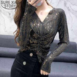 Kore Moda Sıkı Kadın Üstleri Ve Bluzlar Uzun Kollu Parlak Sequins Seksi Giysi Destek Slim Gömlek 8494 50 210508