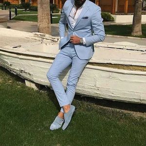 Lekkie Niebo Niebieski Slim Fit Mens Prom Garnitury Groomsmen Plaża Ślub Tuxedos dla mężczyzn Blazers 2 sztuki (kurtka + spodnie) x0909 \ t