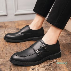 Mens Monk Strap Shoes Large Size Round Toe Black Formal Dress Italian Gentleman Groom Wedding Business Male Leather 2021