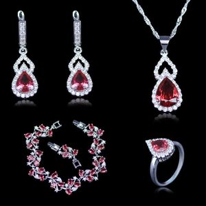 Distintivo rosa rosso creato granato 4 pezzi set di gioielli colore argento orecchino anello collana pendente braccialetto regalo di natale H1022