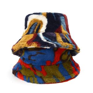 2021 Färgglada Camouflage Bucket Hat Vinter Kvinnor Män Mode Varm mjuk Faux Fur Fisherman Hat Ladies Outdoor Vacation Panama