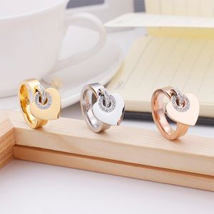 Wholesale heart shaped rings gold resale online - Love Rings of Titanium Steel Jewelry Fashion Diamond Heart shaped Ring Plating K Gold Stainless Steel Ring for Women Gift Q2