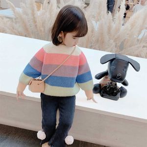 Girls Sweater Baby's Coat Outwear 2021 Rainbow Plus Velvet Tjockerad Varm Vinter Höst Stickning Scoop Jacket Barnkläder Y1024