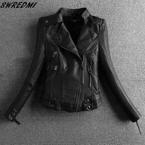 SWREDMI Black Motorcycle Leather Clothing Short Mandarin Collar Ladies Suede Women Biker Jacket Leather Coats S-4XL 211011