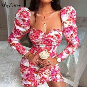 Hugcitar 2019 long sleeve floral print ruched ruffles mini dress autumn winter women party cute outfits streetwear Y1204