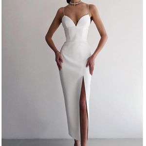 Vestidos Casuais 2021 Mulheres Bandagem Skinny Sexy High Slit Dress Festa Noite V Neck Spaghetti Strap Backless Luxury Runway Clubwear