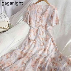 Mulheres Vintage Vestido Floral Ruched V Pescoço Slim Longo Vestido Verão Ruffles Manga Curta Elegante Chiffon Vestidos Femme 210601