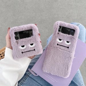 Cute Phone Cases For Samsung Galaxy Z Flip 1 2 3 Funny Embroidery Expression Fluffy Fur Protective Cases Hard Cover For Z Flip3