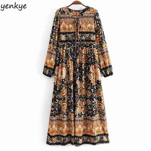 Holiday Summer Women Lace Up O Neck Long Sleeve Vintage Floral Print Dress Casual Maxi Plus Size Vestido 210514