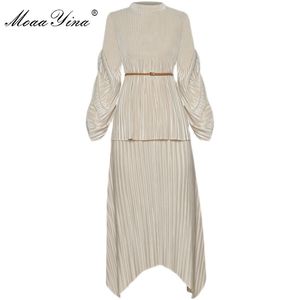 Mode Designer Suit Spring Summer Women Lantern Sleeve Loose Lace-up Toppar + Asymmetrisk Skirt Pläterad Tvådelad Set 210524