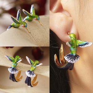 Stud Cute Hummingbird Shape Earrings For Women Gold Color Painting Animal Children's Day Princess Wedding Jewelry Gift