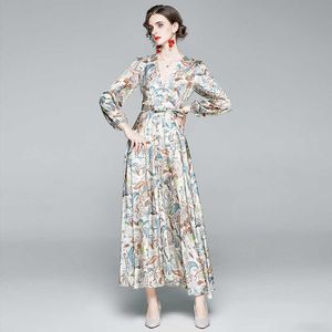 Kayısı Büyük Salıncak Moda Kadınlar Çiçek Baskılı Maxi Parti Elbise Sonbahar Zarif Seksi Kadın Uzun Kollu Tatil Elbiseler Vestidos 210525