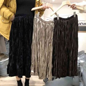 Korean Fashion Temperament Woman Folds Skirts Comfortable Elastic Waist Mujer Faldas Spring Elegant Solid Female Jupe 210514