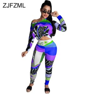 Geometrischer Druck Lässige zweiteilige Anzüge Damenbekleidung One Shoulder Full Sleeve Crop Top Bodycon Hose Lounge Wear Sweatsuit X0428