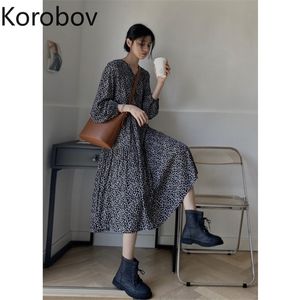 Korobov Koreański Słodki Chic Szyfonowa Sukienka Preppy Styl Summer V Neck Długim Rękawem Sukienki Kobiet Szczupła A-Line Szyfonowa Vestidos 210430