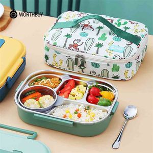 Worthbuy Portable Kids Lunchbox med fack 18/8 Rostfritt stål Food Container för barn Skol Picnic Bento Food Box 210818