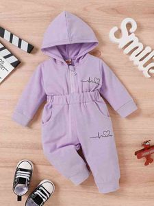 Baby Heart Print Slant Pockets Hooded Jumpsuit SHE