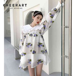 Płatek żakardowy Wzburzyć Neck Długi rękaw Suknia Suknia Balowa Dla Kobiet Wiosna Biały Śliczny Kwiatowy Mini Koreański Styl 210427