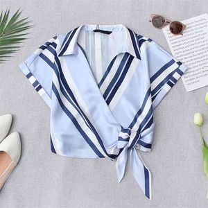 PUW Casual Women V Neck Lace Blouse Summer Fashion Ladies High Waist Female Shirt Printed Cropped Striped Top 210515