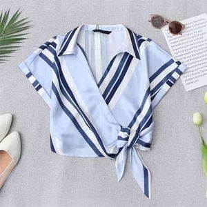 PUW Casual Kobiety V Neck Koronki Bluzka Lato Moda Damska Wysoka Talia Kobiet Koszula Drukowana Przycięta Paski Top 210515