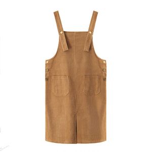 PERHAPS U Solid Yellow Khaki Bib Overall Knee Length Dress Dungarees Salopette Women Autumn Pocket D1506 210529