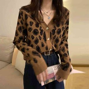 Women Autumn Cardigans Korean V-neck Cardigan Top Leopard Loose Slim Long Sleeve All-match Sweaters Female Tops GK437 210507