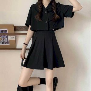 シャツショートスカートスーツ女性夏の韓国のファッションハイウエスト半袖シャツブラックツーピースクールストリートウェア210526