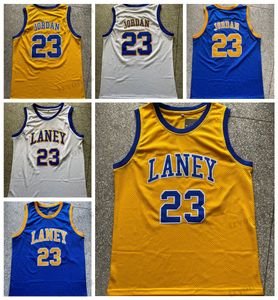 メンズ＃23 Michael Jodan Laney高校バスケットボールジャージヴィンテージブルーイエローホワイトノースカロライナタールヒールステッチシャツS-XXL