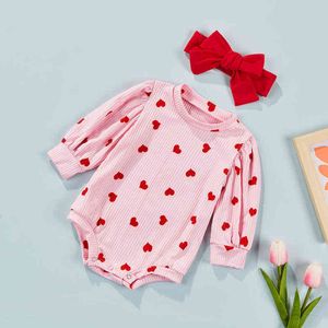 0-2T Nyfödd Baby Sticka Kärlek Hjärta Romper Lantern Långärmad Röd Huvudband 2PCS Infant Girls Valentines Outfits G1221