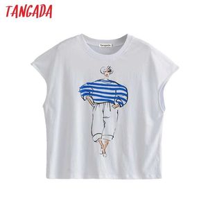 Tangada Summer Women Funny Print T-shirt oversize manica corta T-shirt da donna Casual T-shirt Street Wear Top AI13 210609