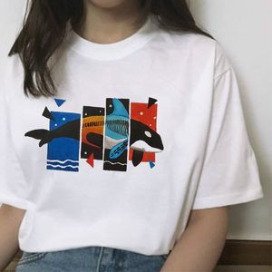 Malowanie wielorybów Drukowane Tee Casual Śmieszne Oversize Tee Harajuku Hipster Art Street Style Białe Kobiety Koszulka Krótkie Rękawy 210518