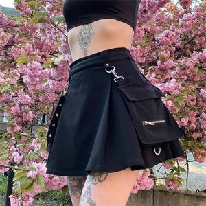 Harajuku punk gotisk svart hög midja kjol sexig lapptäcke bandage mini kvinnlig streetwear 220216