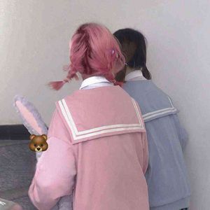 QWEEK Kawaii Zip Up Hoodie Sailor Collar Sweatshirt Japan Style Long Sleeve Cute Tops for Teens JK Pink Navy Soft Girl Kpop 211108