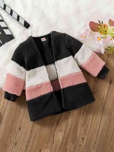 Baby färg block fuzzy öppen front fleece coat hon