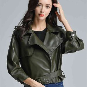 Pu Leather Jacket Women Black Green Motorcycle Coat Faux Biker Soft Outwear 210430