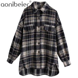 Vintage Tweed Plaid Jacket Women Autumn Patch Pocket Coat Collared Long Sleeve Button Up Shirt Style 210604