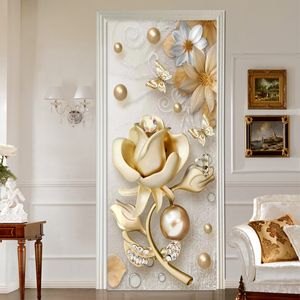 European Style Golden Jewelry Flowers Door Sticker Living Room Bedroom Home Decor Wallpaper PVC Waterproof Wall Stickers Murals 210317