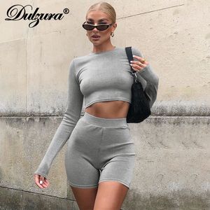 Dulzura Ribbed Women Solid Two Piece Set Long Sleeve Crop Top Biker Shorts High Waist Bodycon Sexy Streetwear Tracksuit Matching X0428