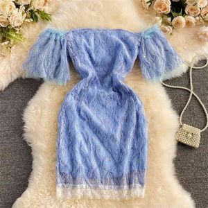 Blå spets klänning kvinnor mode sommar av axel slash neck kort ärm sequined mini bodycon party club vestidos 210603