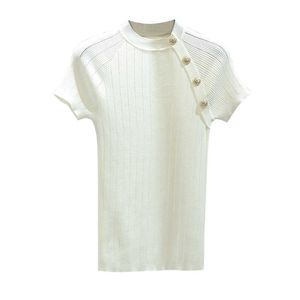 Shintimes Тонко вязаная белая футболка кнопка с коротким рукавом футболки женщины 2021 летняя сплошная повседневная футболка женская футболка Femme Y0629