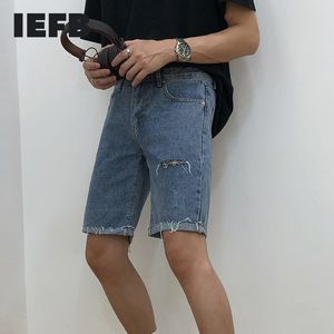 IEFB / Mäns Slitage Koreanska Casual Raw Edges Shorts för Man Spring Vintage Denim Knee Length Pants Fashion Hole 9Y1952 210524